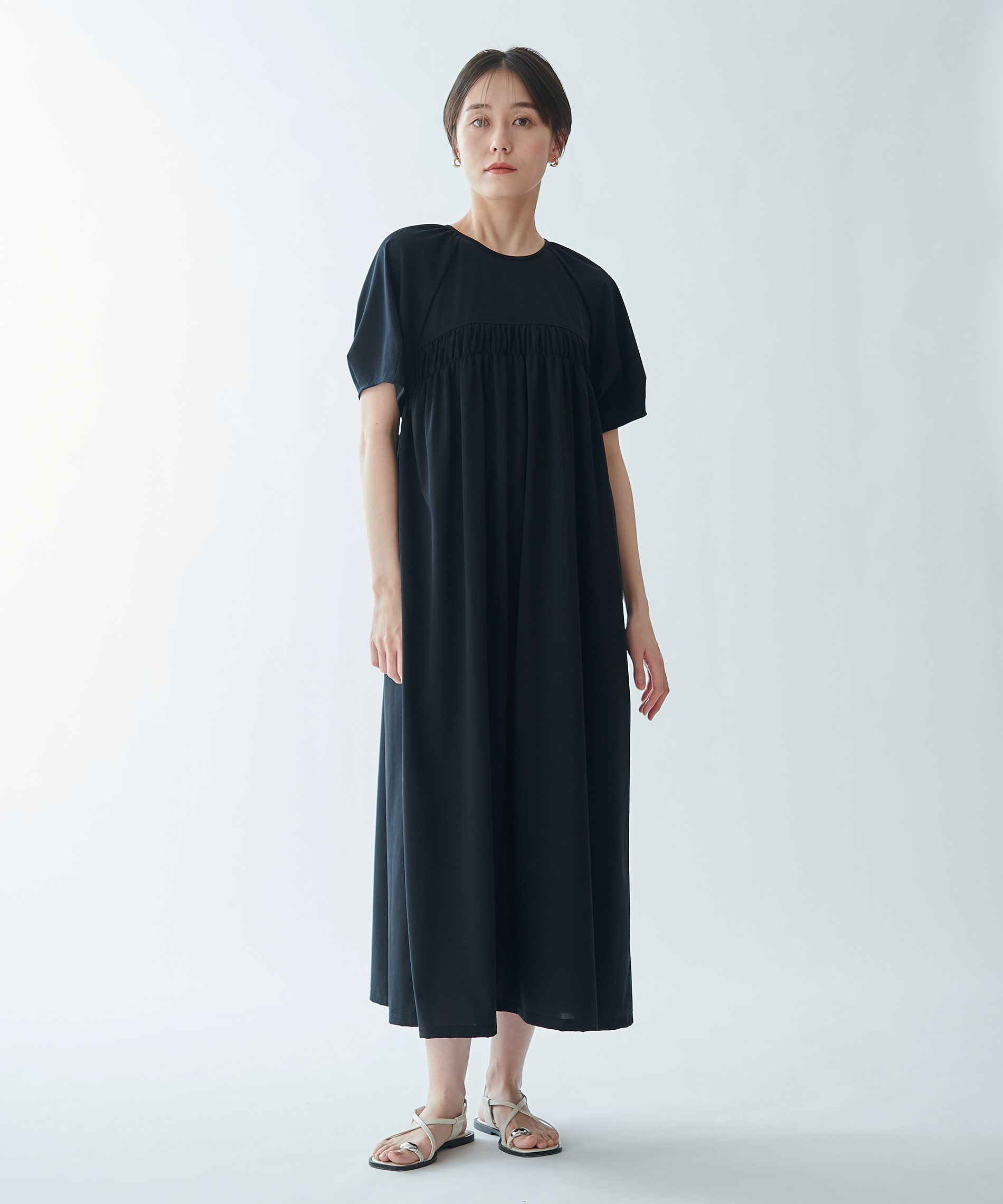 マキシ ギャザー ワンピース シャーリング きれいめ カジュアル STYLEMIXER ワンピース シャーリングギャザーワンピース