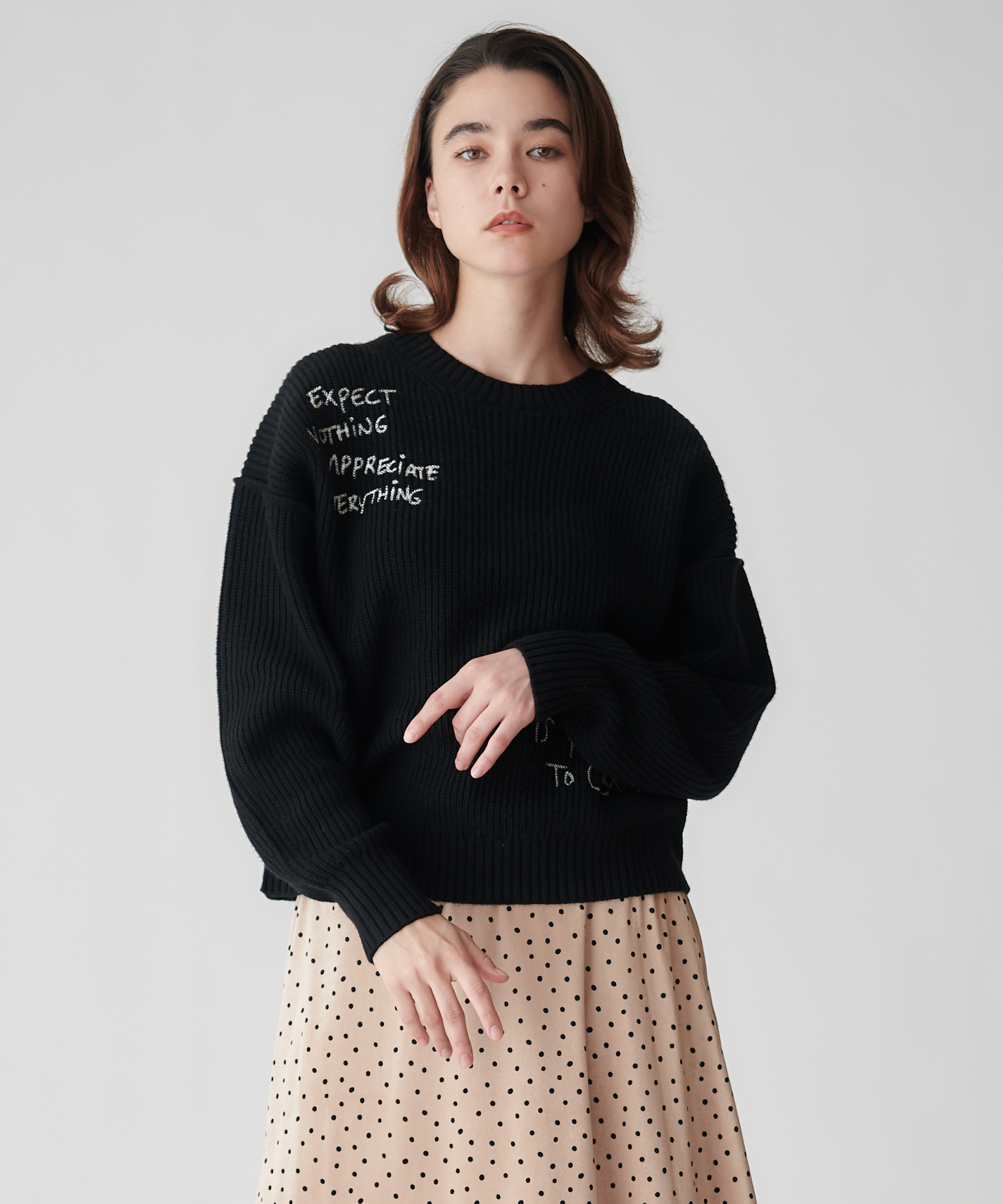 レタリング刺繍クルーネックニット – FACE SANS FARD