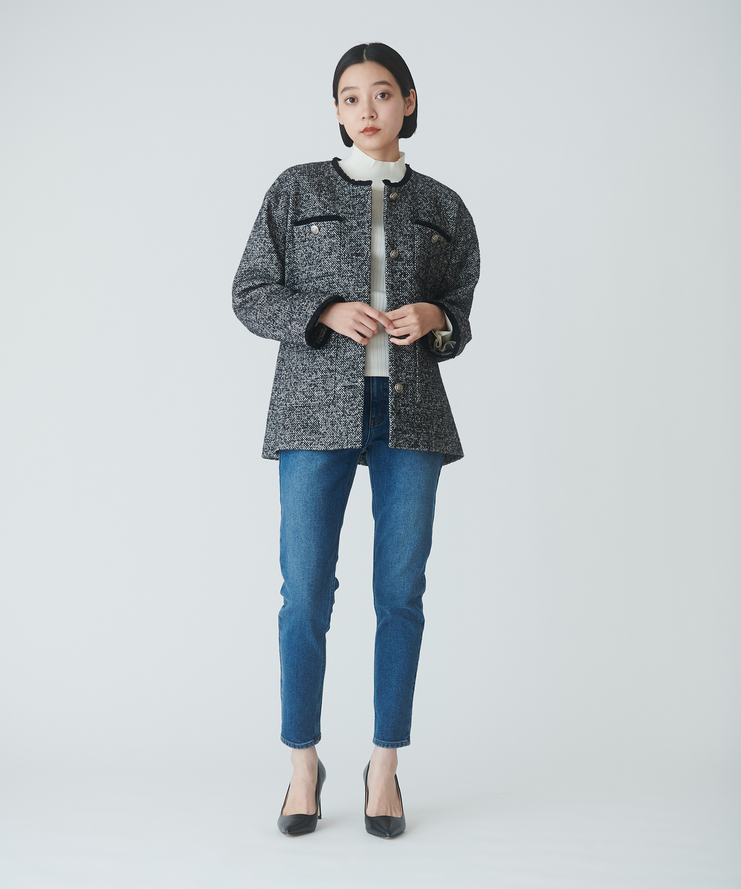 シルク混ツイードノーカラージャケット – FACE SANS FARD シルク混ツイードノーカラージャケット – FACE SANS FARD
