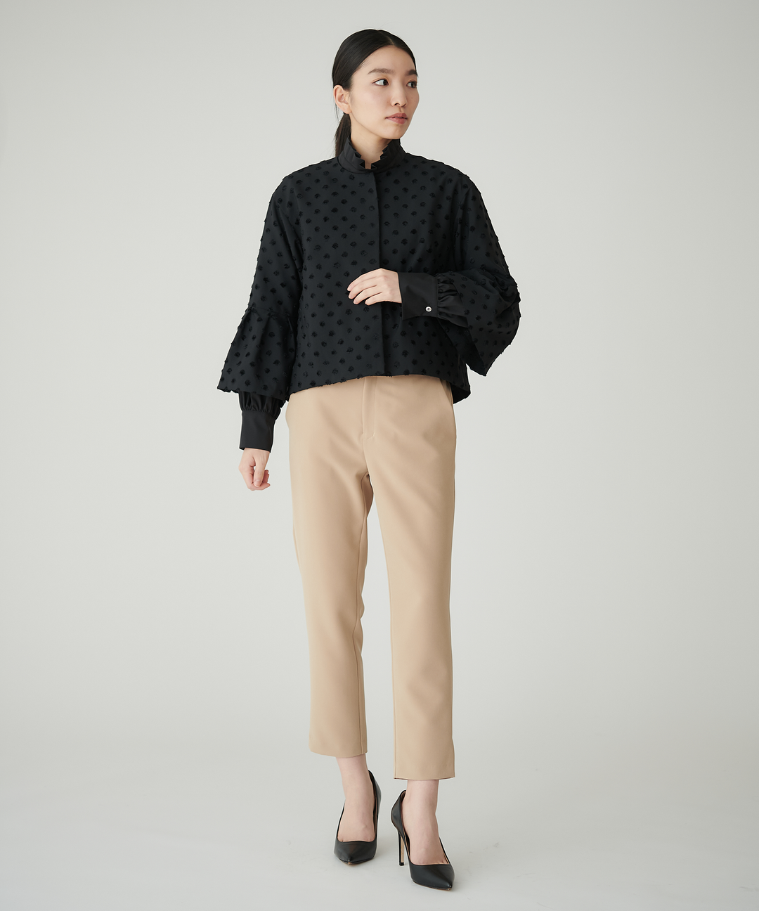 sono ノーカラー ブラック ドット柄ジャケット ドット柄ジャケット – FACE SANS FARD