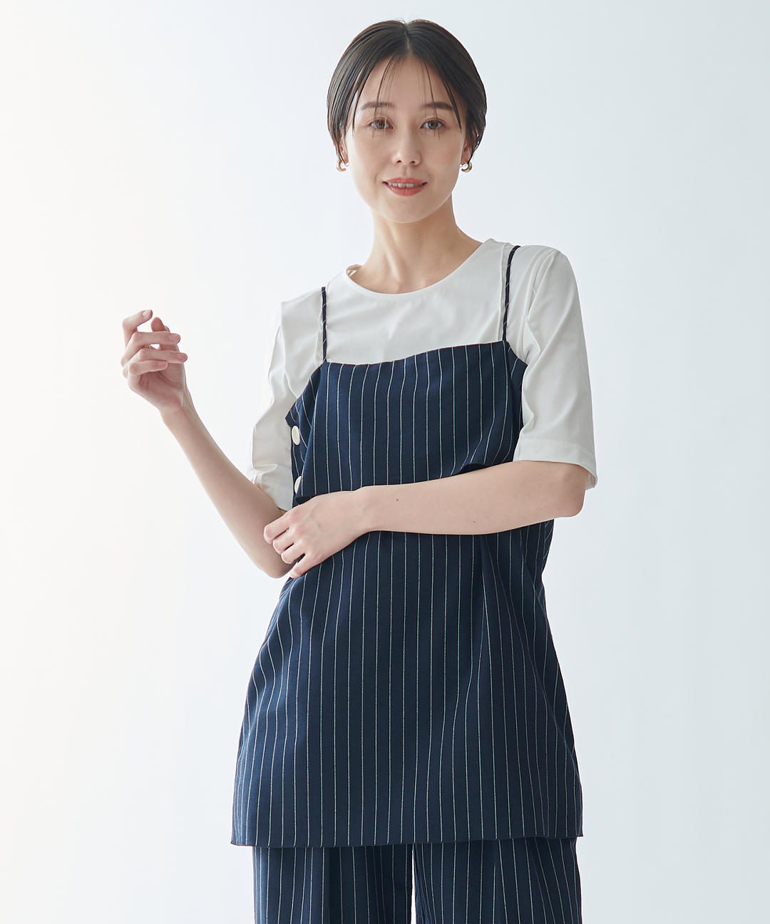 モデル H：166cm / 38 / ネイビー×ホワイトストライプ
