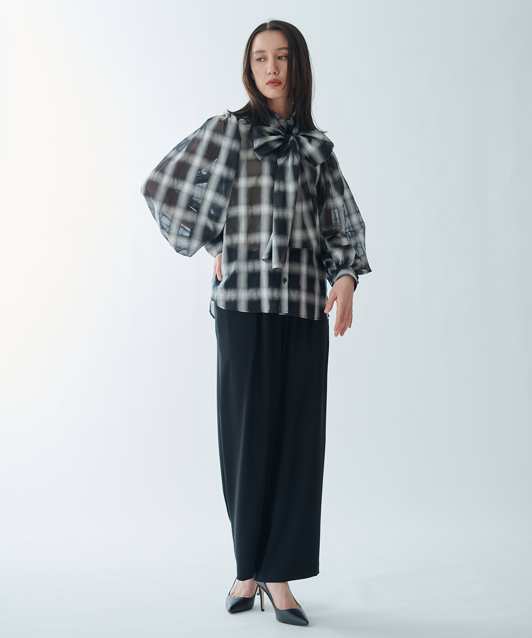 シアーチェックボウタイブラウス – FACE SANS FARD