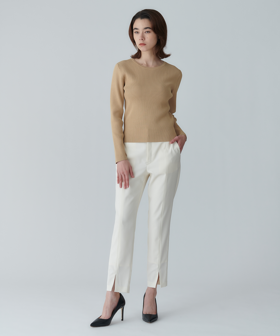 ニット×シフォンオーガンジートップス