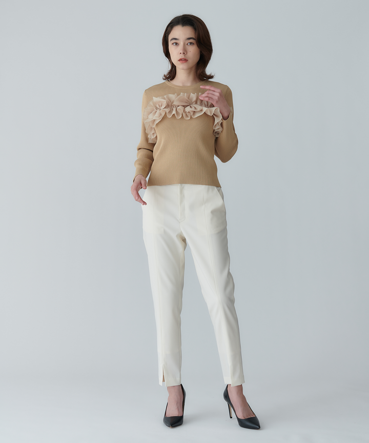 ニット×シフォンオーガンジートップス