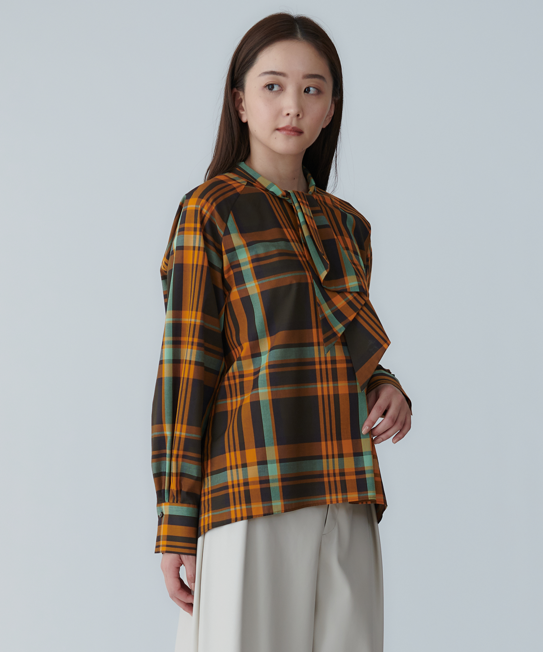 アナイ 23AW ウールボイルビッグボウ ブラウス チェック 長袖 36 黒