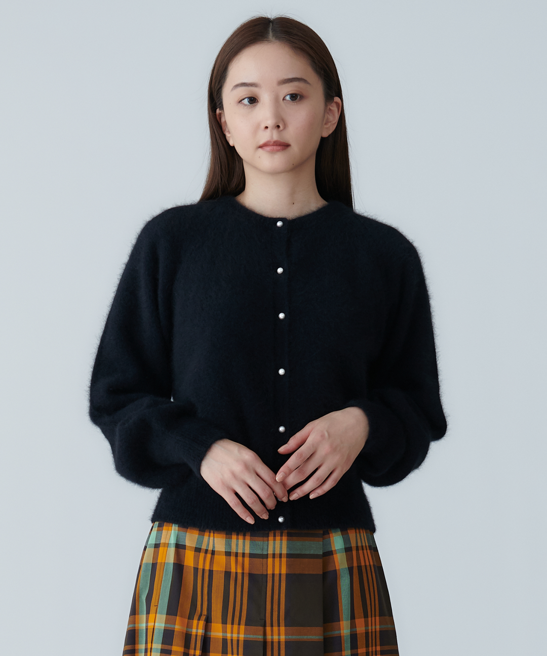 フォックス混コンパクトパールカーディガン