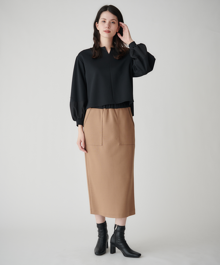 配色ステッチミモレ丈スカート