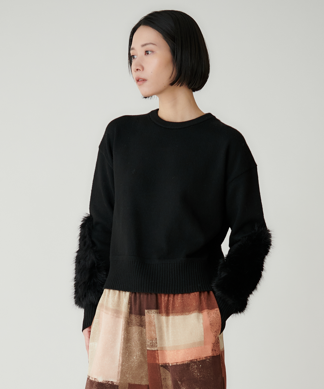 袖ファーベーシックニット