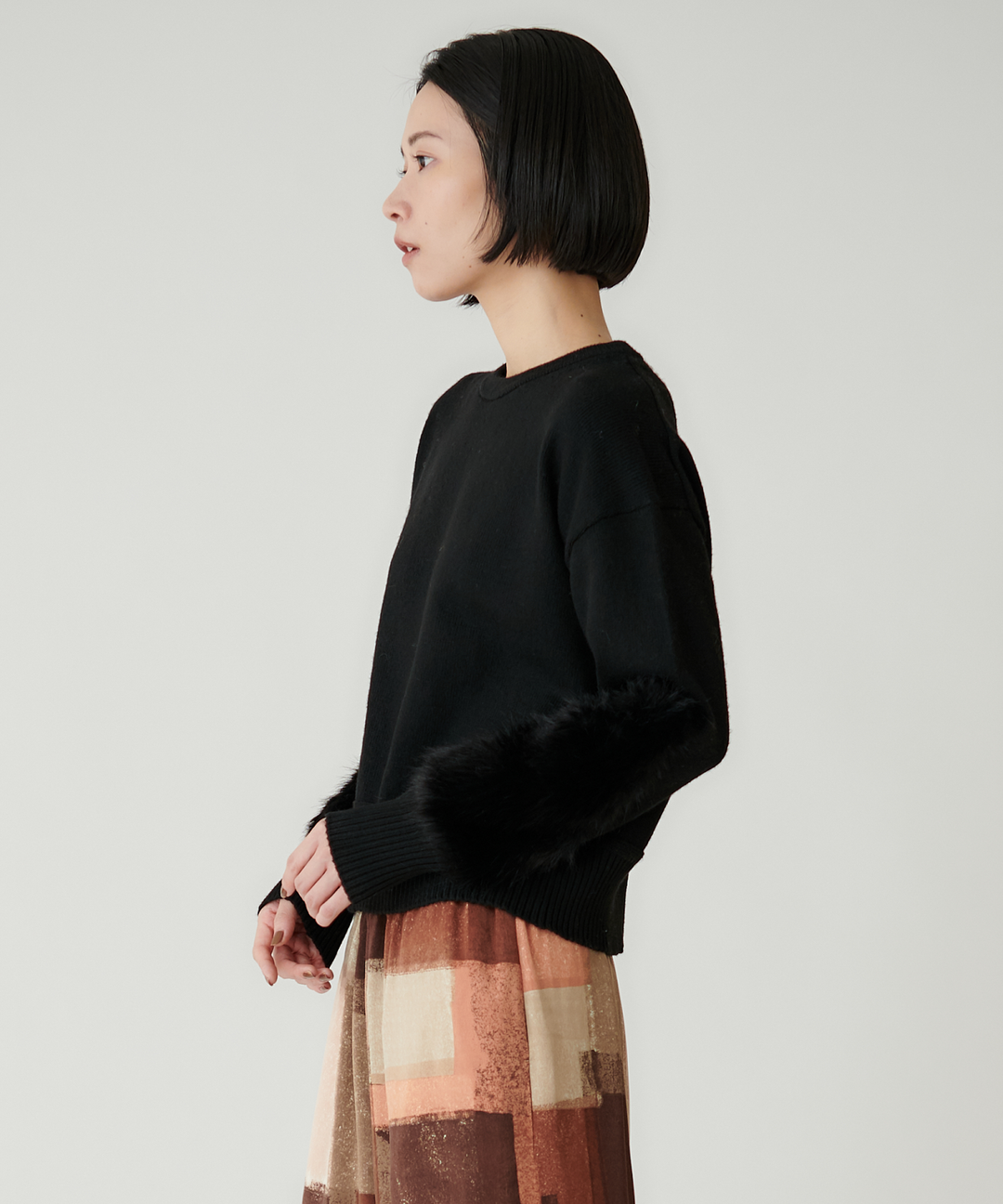 袖ファーベーシックニット