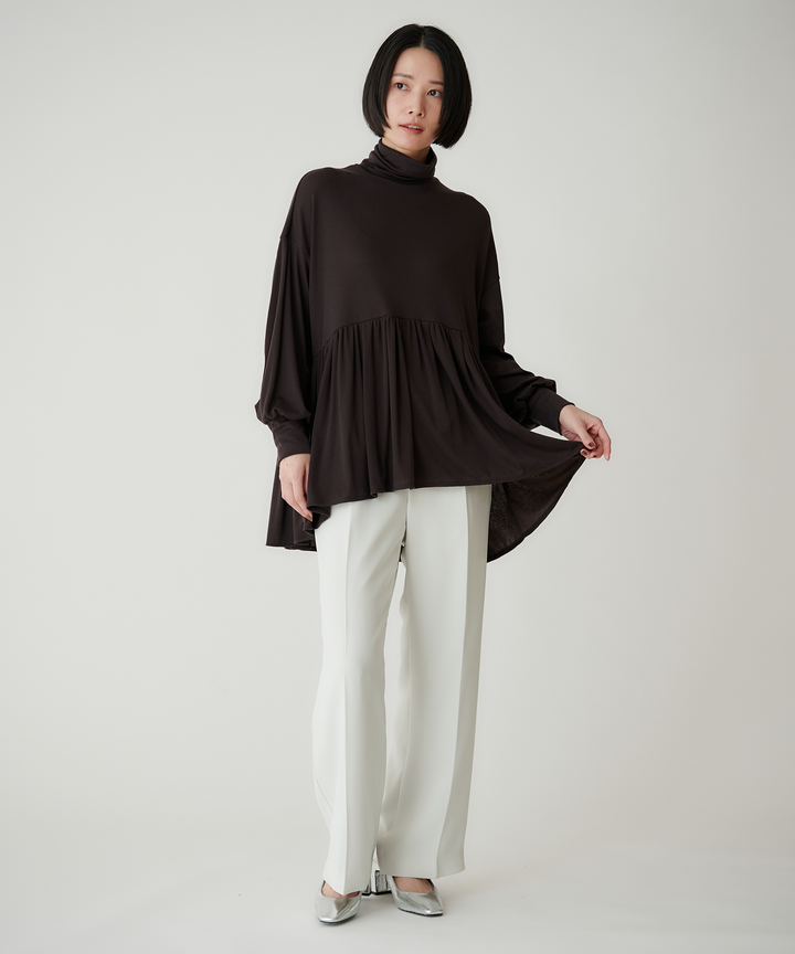 ハーフミラノリブ ギャザーフレアプルオーバー