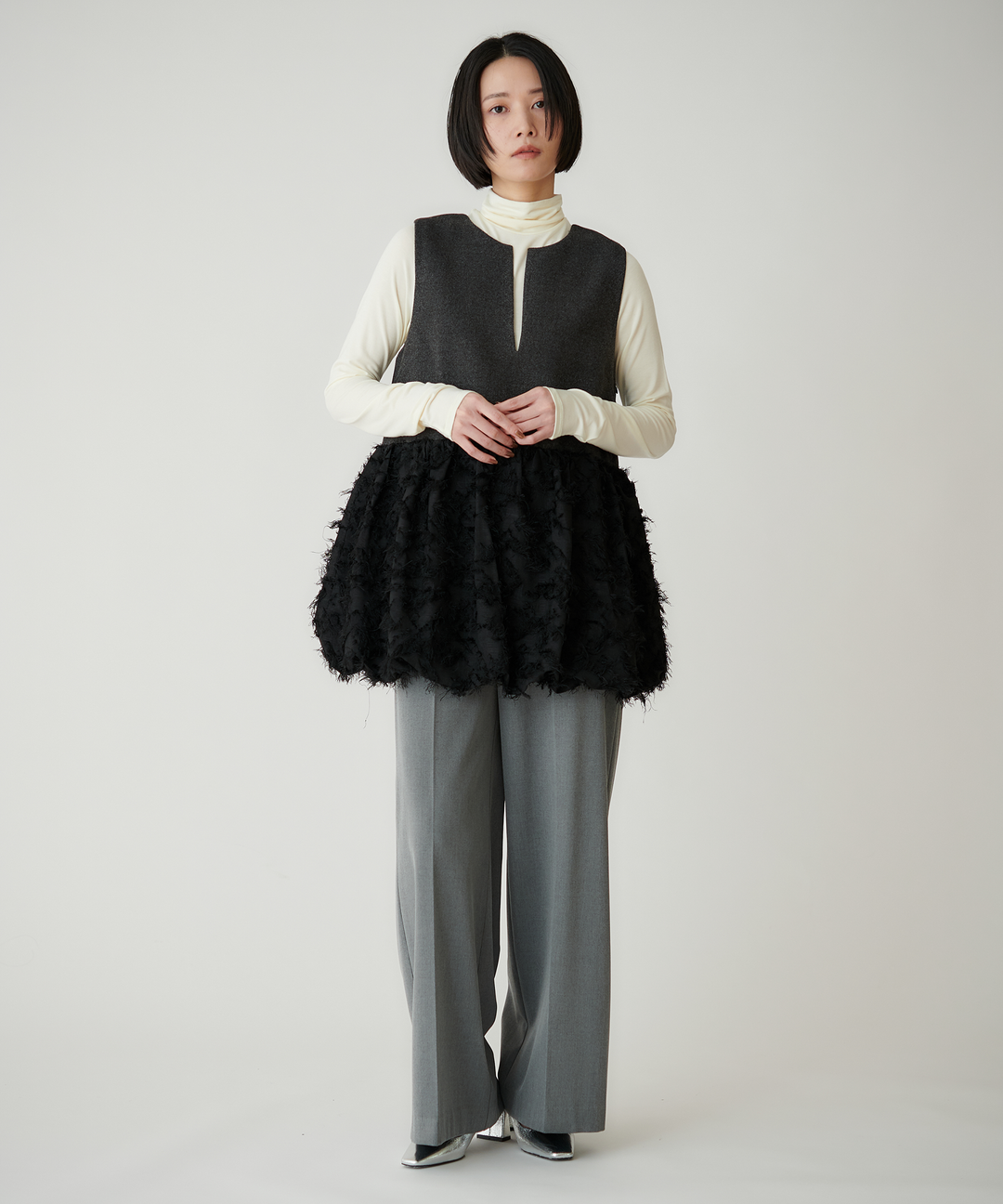 ツイード×ジャガードドッキングバルーントップス