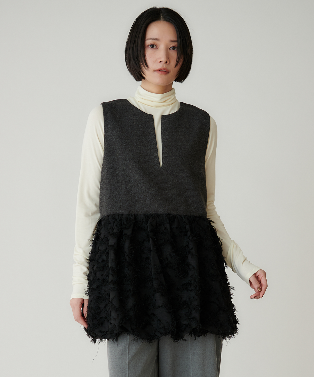 ツイード×ジャガードドッキングバルーントップス