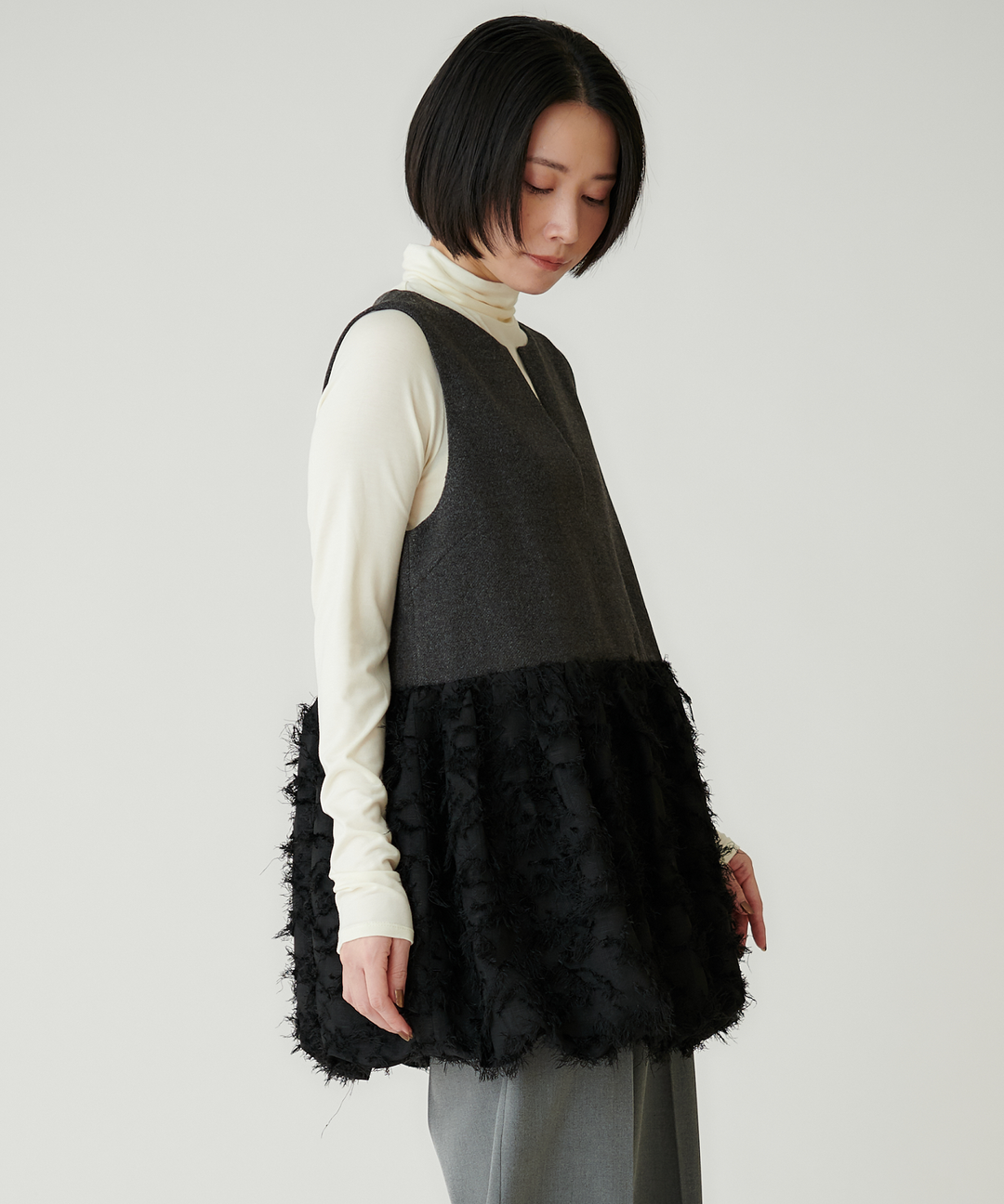 ツイード×ジャガードドッキングバルーントップス