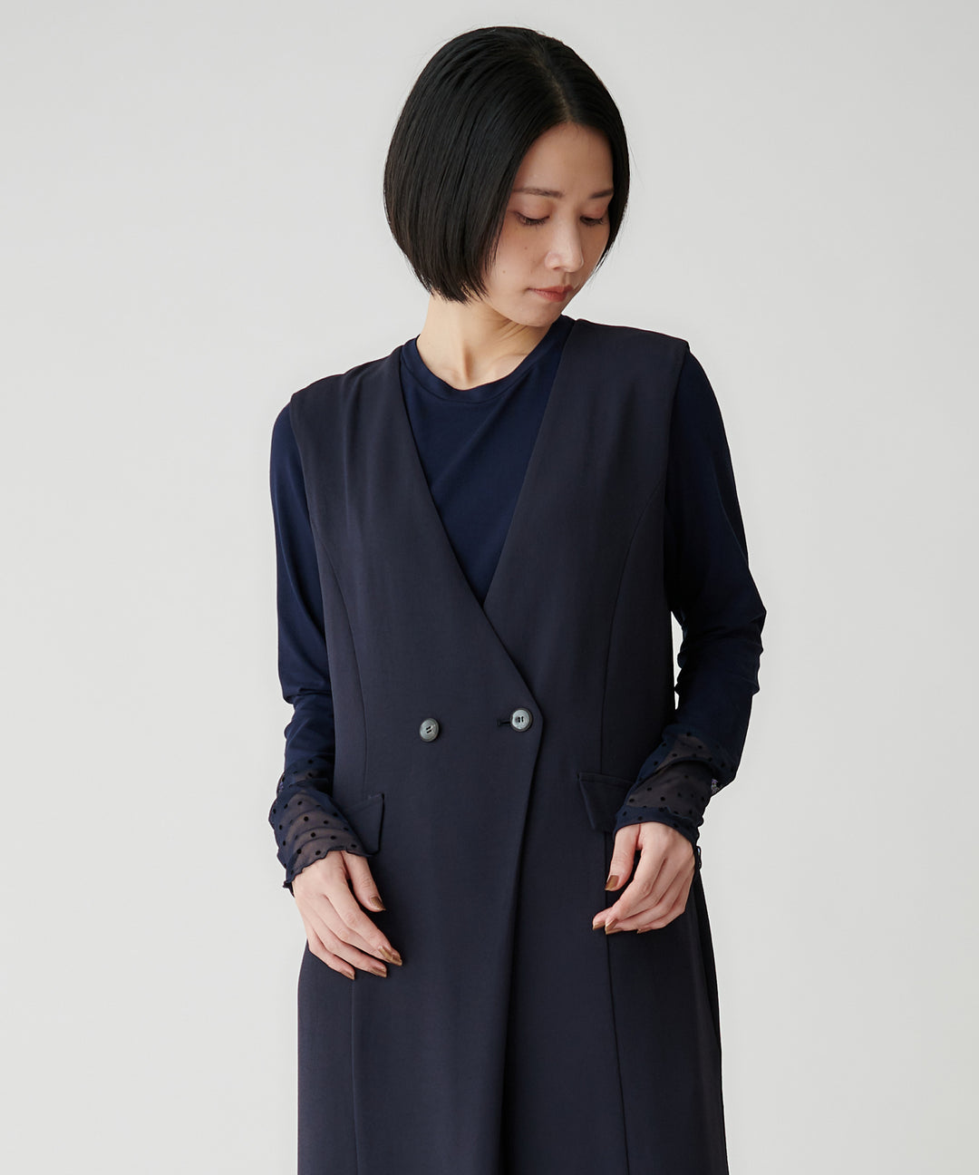 レイヤードフロッキードットスリーブカットソー