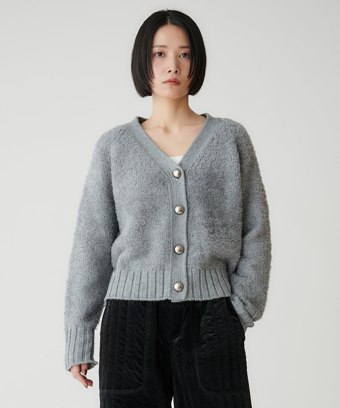 フェザーヤーン異素材切替カーディガン