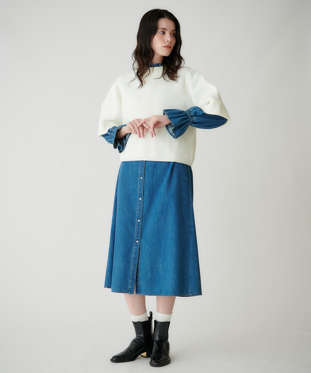 フリルスリーブライトデニムワンピース