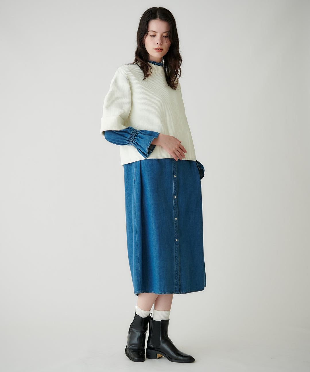 フリルスリーブライトデニムワンピース