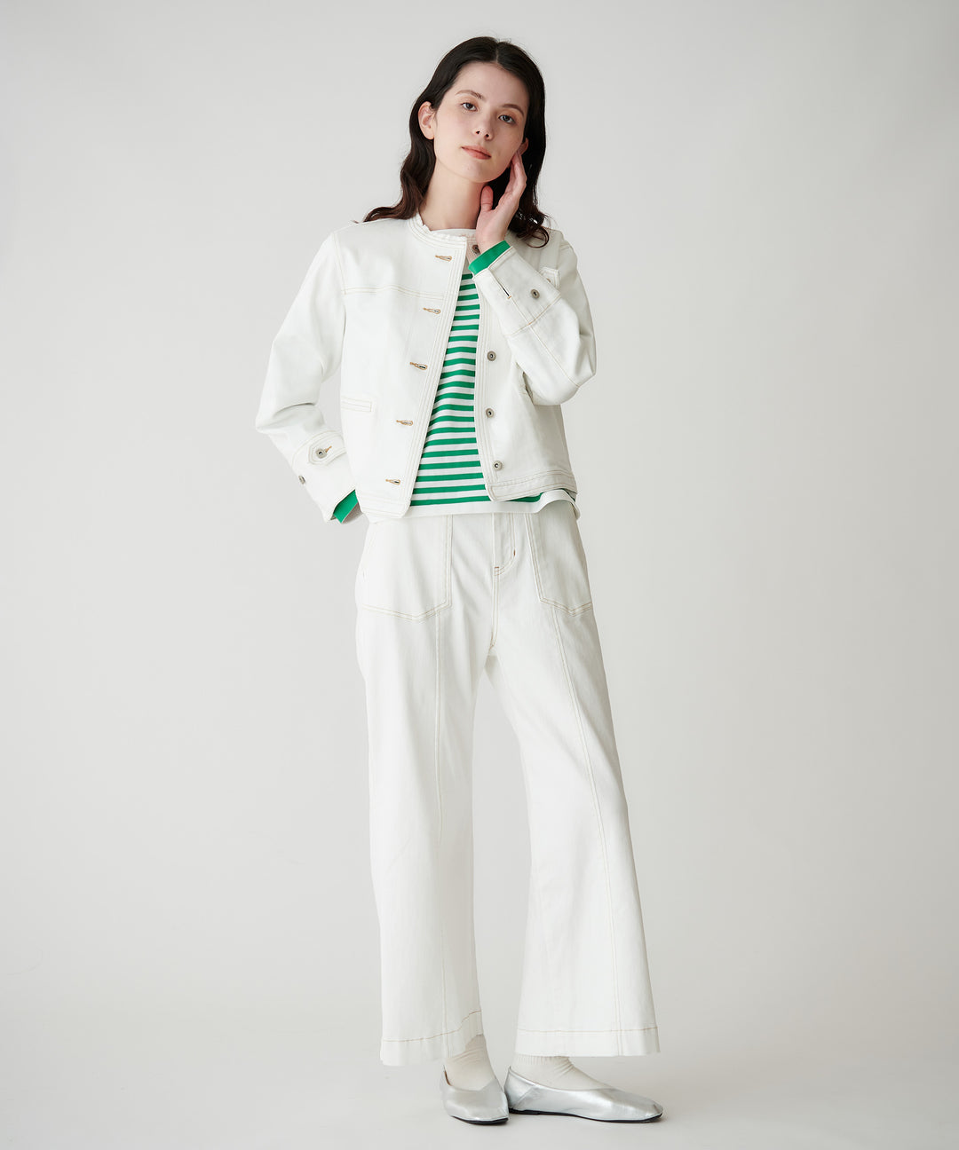 ノーカラーデニムジャケット