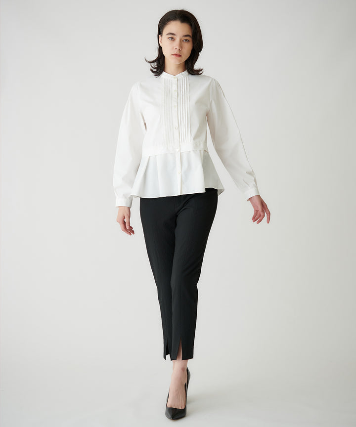 バンドカラーピンタックペプラムブラウス