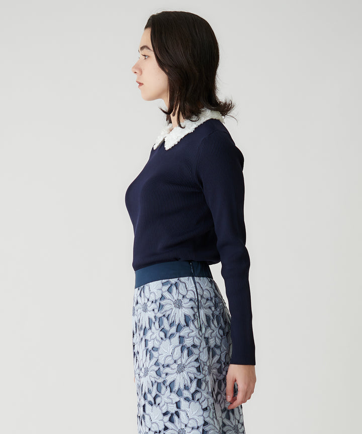フラワーモチーフ衿付きリブニットプルオーバー