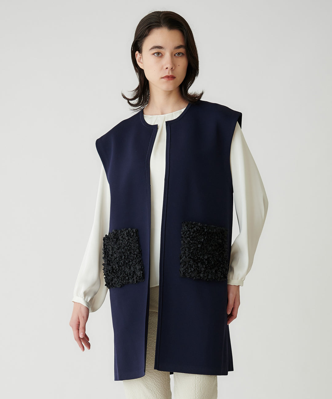 フラワーモチーフポケットニットジレ