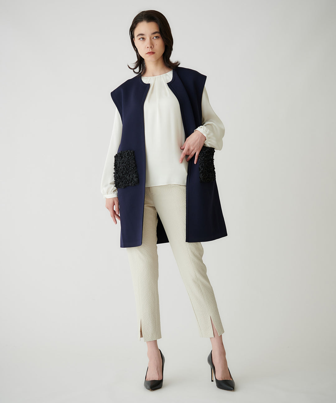 フラワーモチーフポケットニットジレ