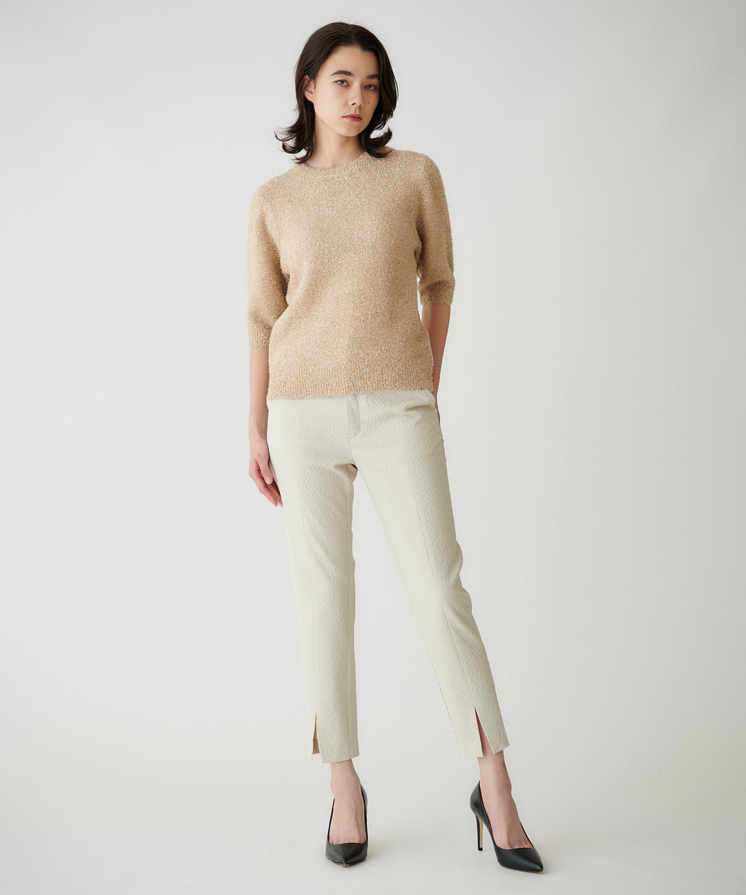 五分袖ラメニットプルオーバー