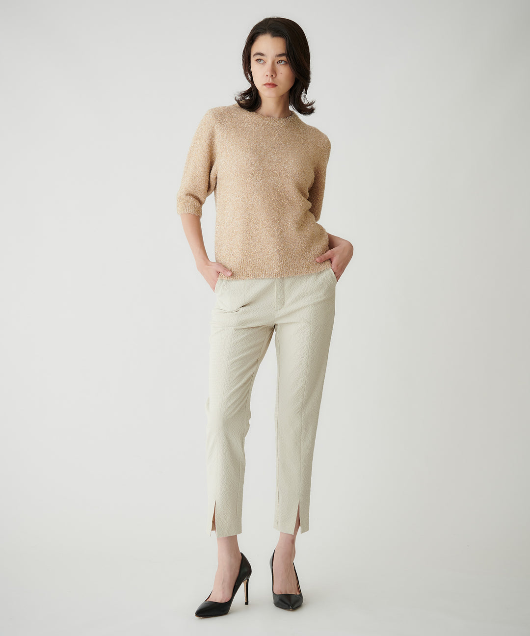 五分袖ラメニットプルオーバー