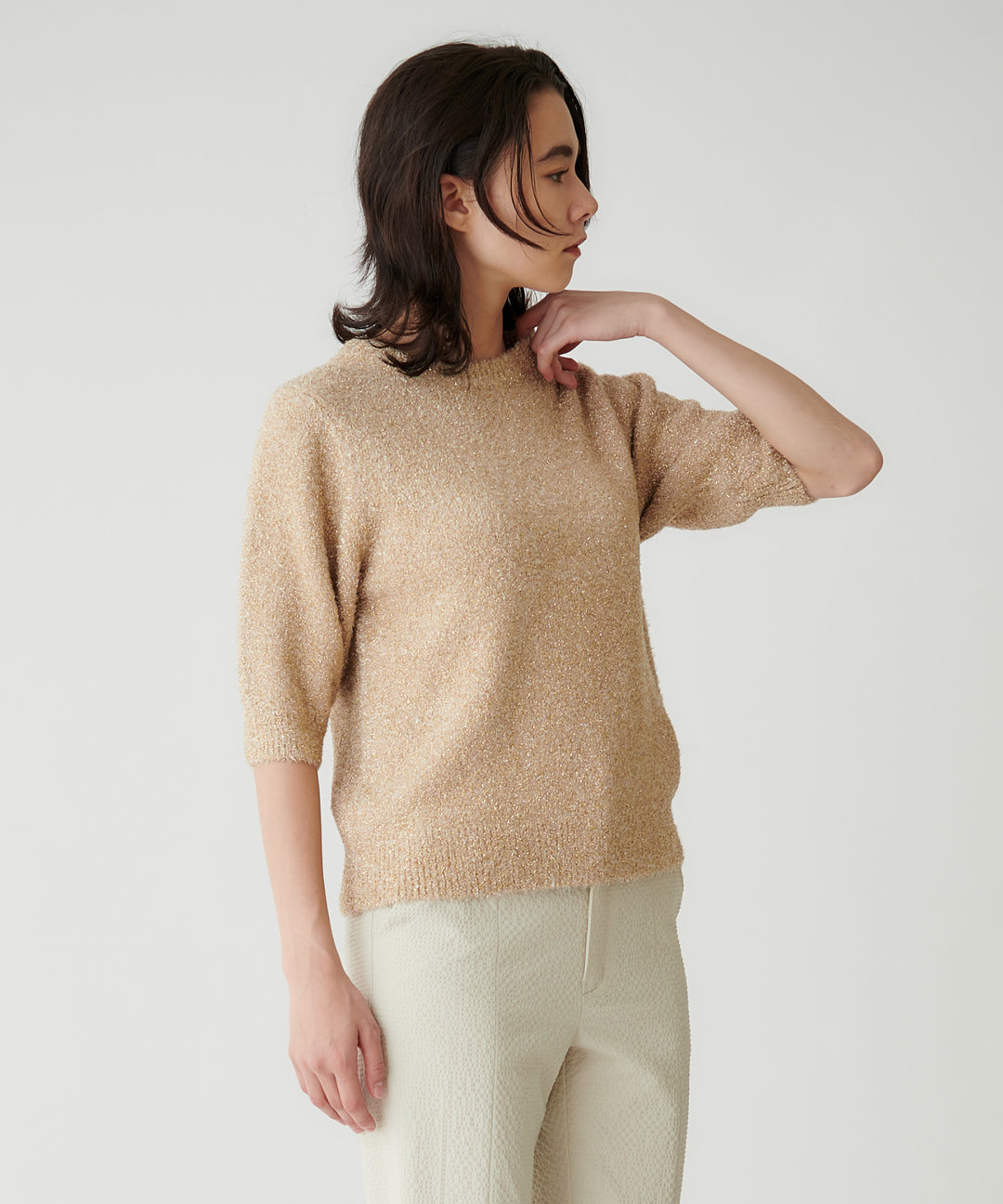 五分袖ラメニットプルオーバー