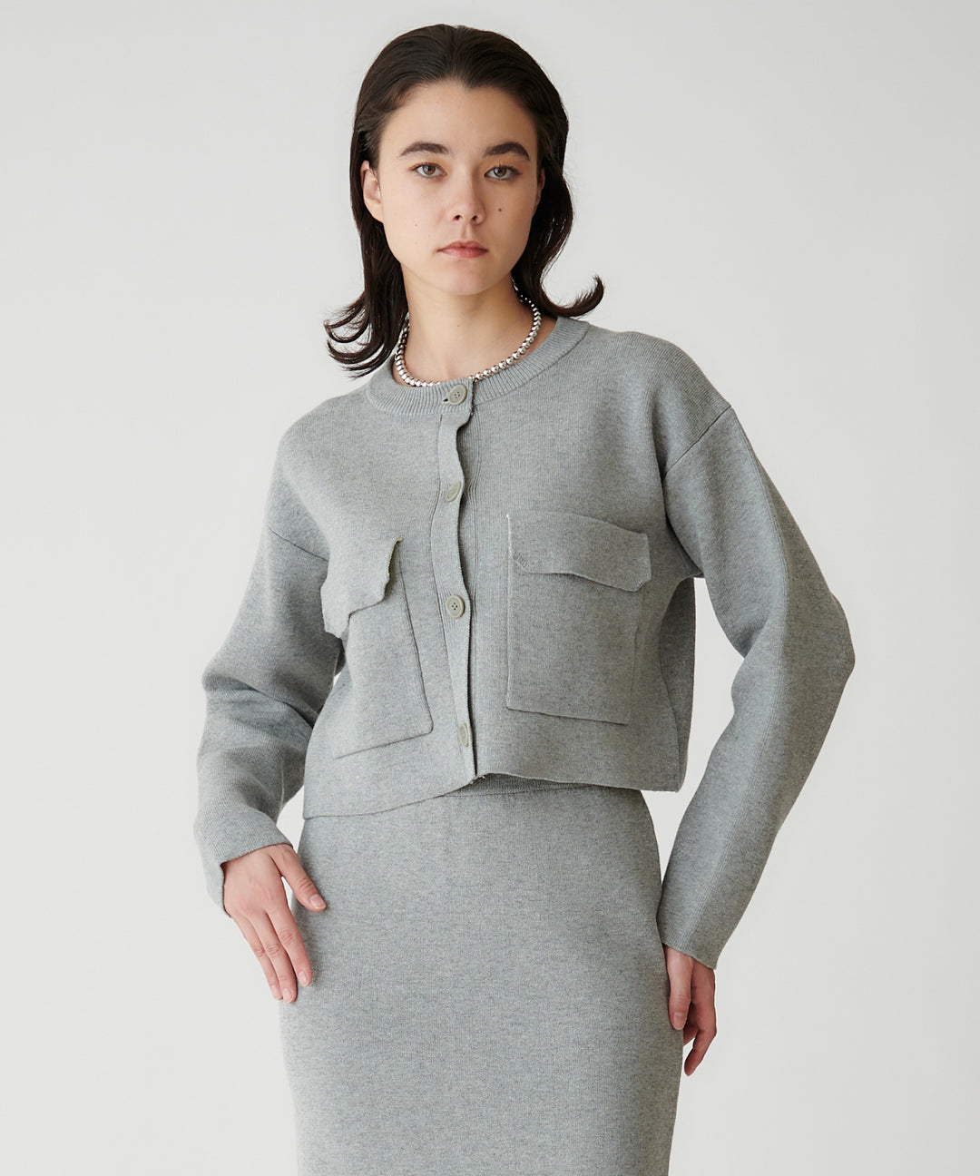 モデル H：172cm / 38 / 杢グレー×イエロー