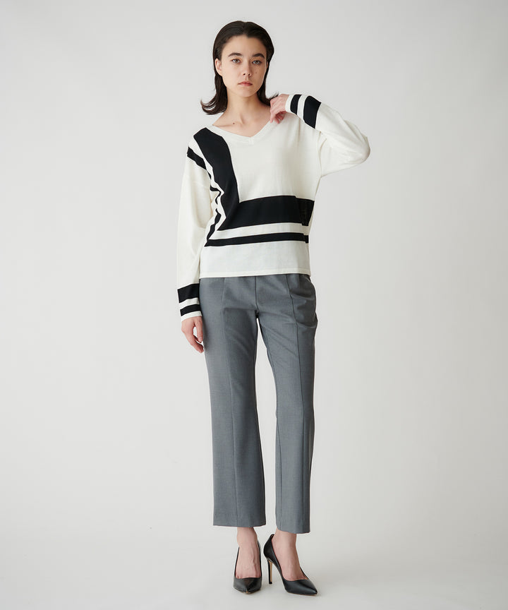 幾何学ラインインターシャクルーネックニット