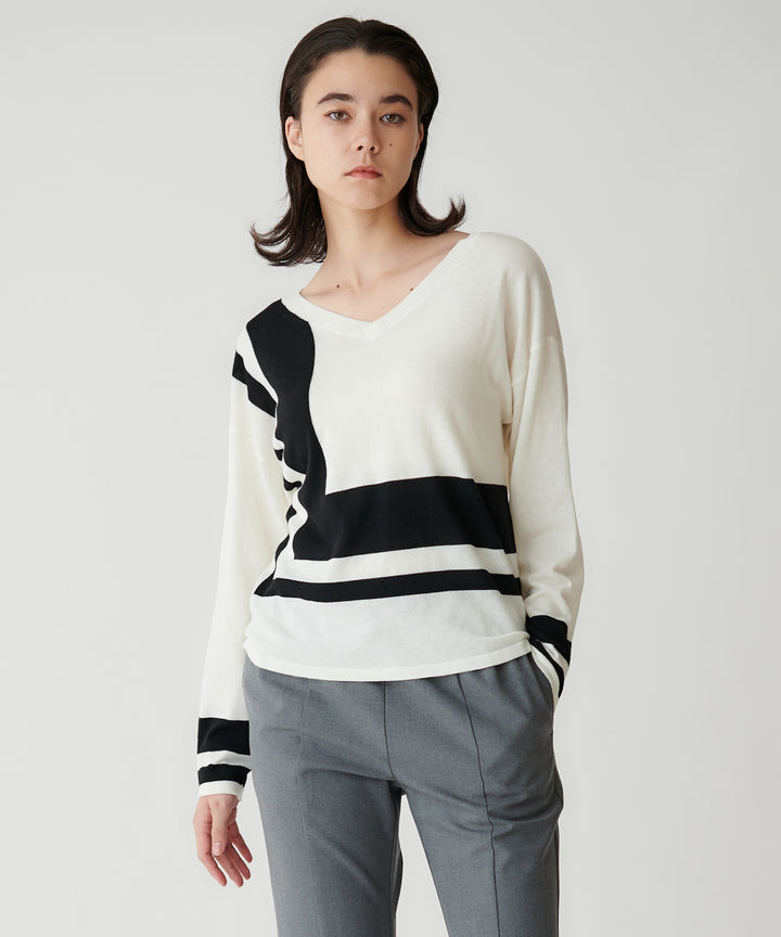 幾何学ラインインターシャクルーネックニット