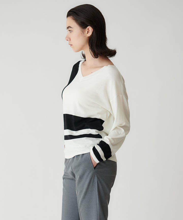 幾何学ラインインターシャクルーネックニット