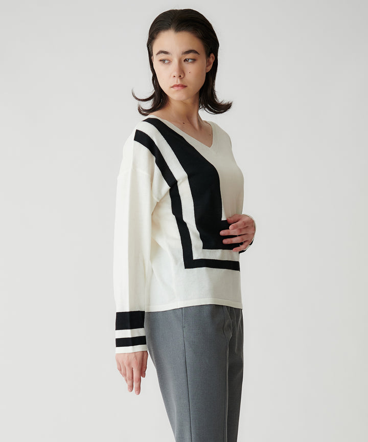 幾何学ラインインターシャクルーネックニット