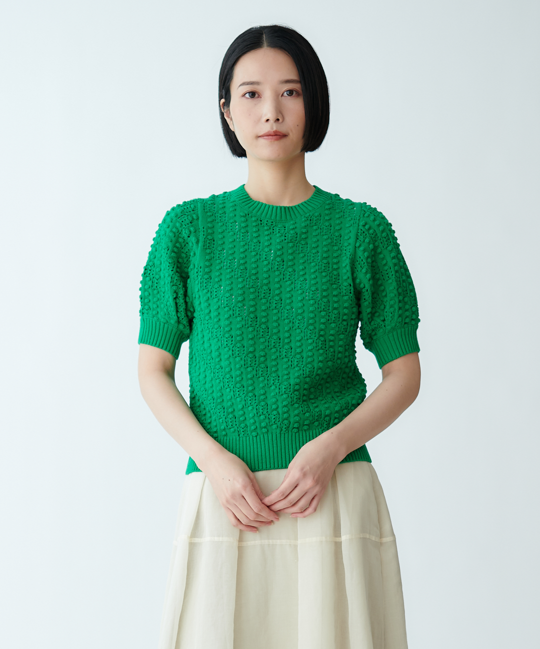 ポップコーン編みハーフスリーブニット