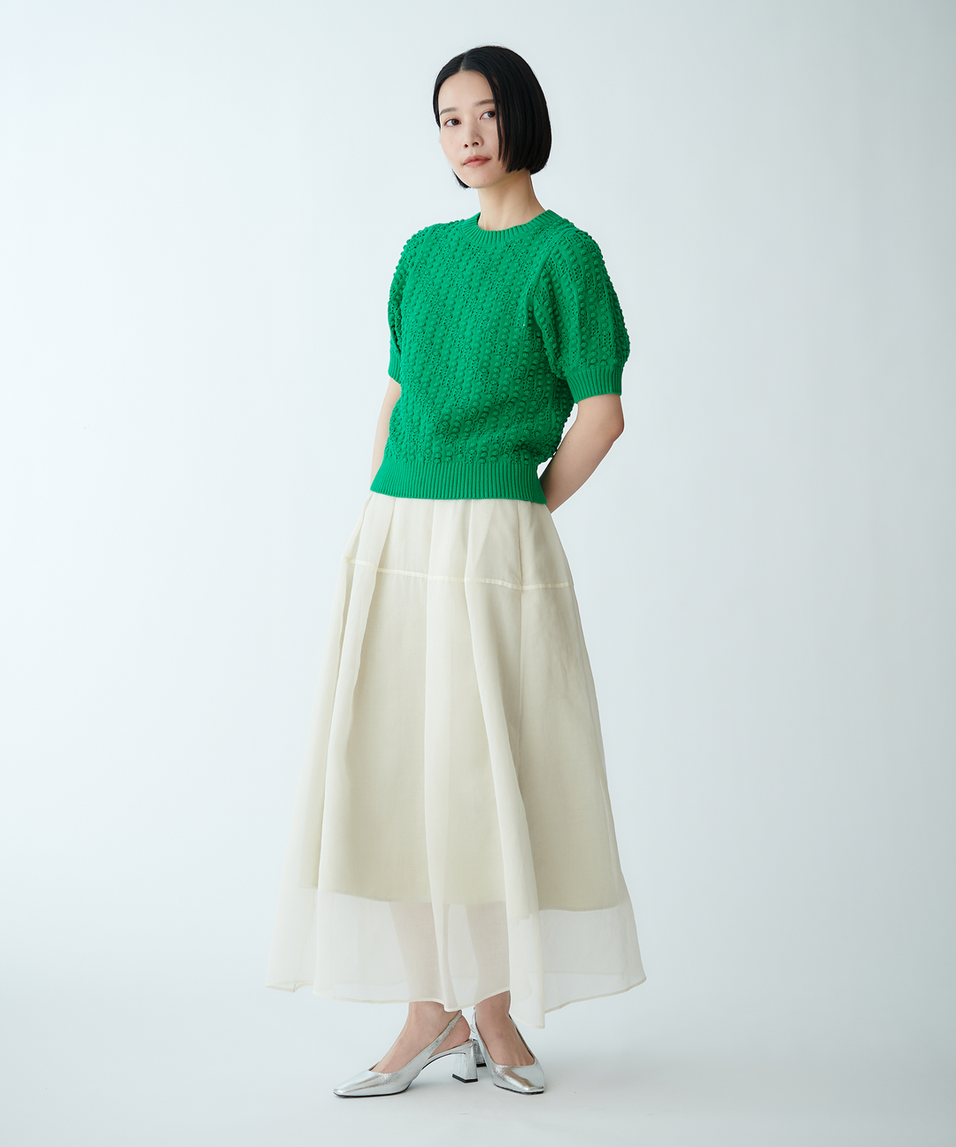 ポップコーン編みハーフスリーブニット