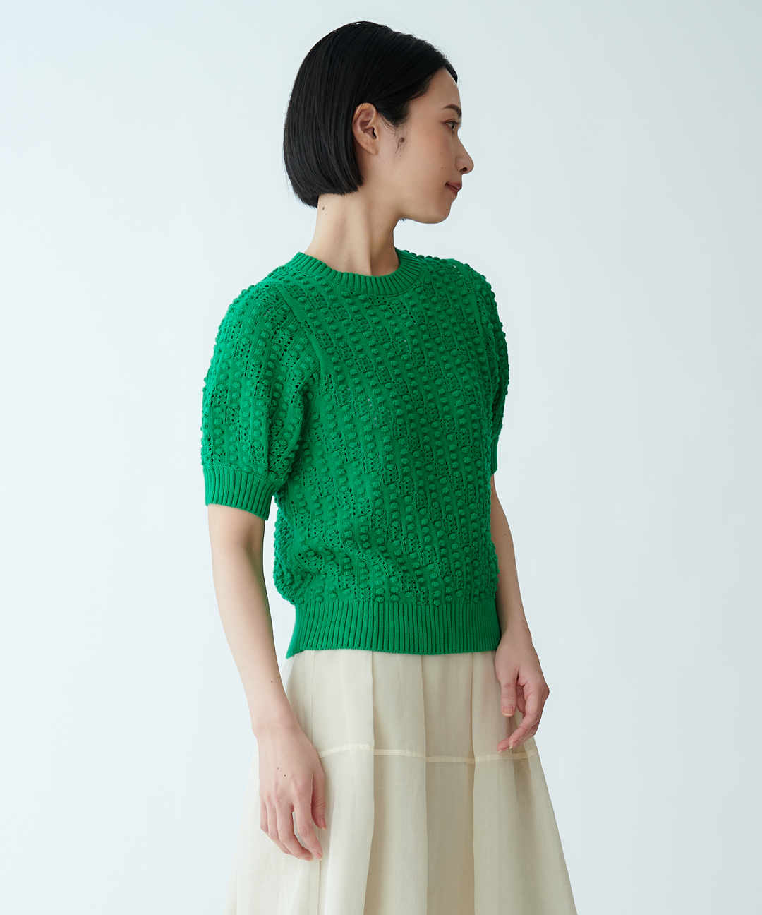 ポップコーン編みハーフスリーブニット