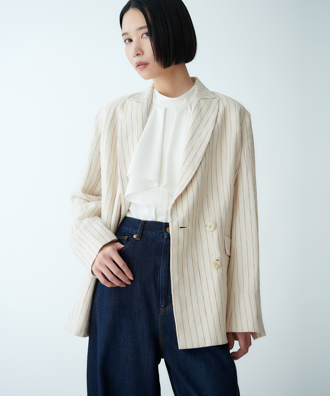 モデル H：165cm / 38 / キナリ×キャメルストライプ