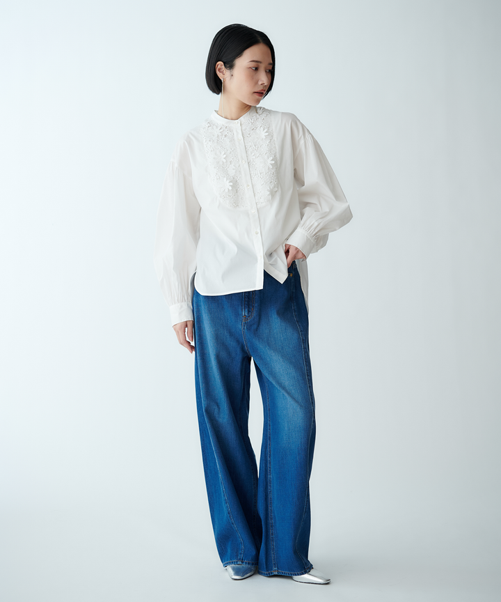 バンドカラーフラワーデザインブラウス