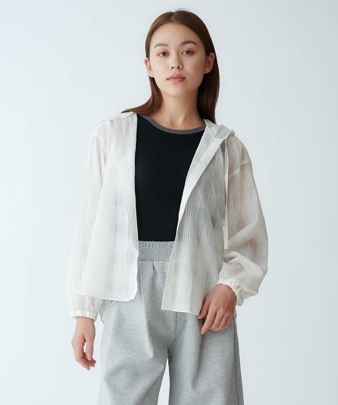 サッカーチェックフードデザインブラウス