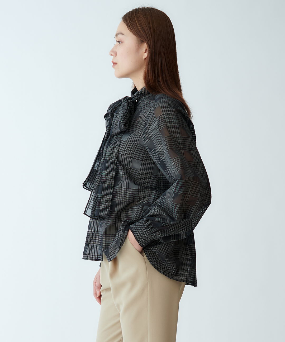 サッカーチェックシアーリボンブラウス