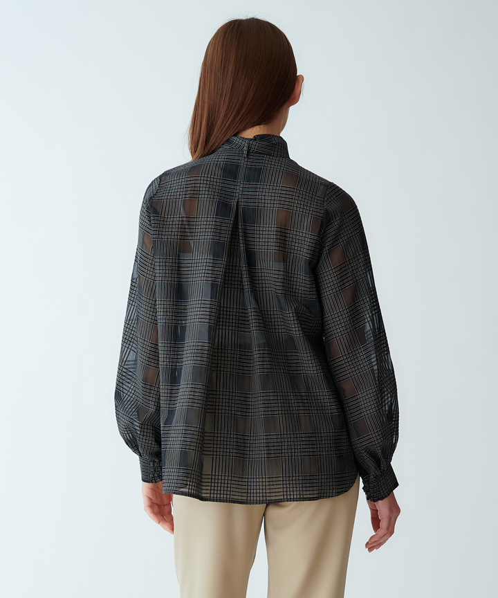 サッカーチェックシアーリボンブラウス