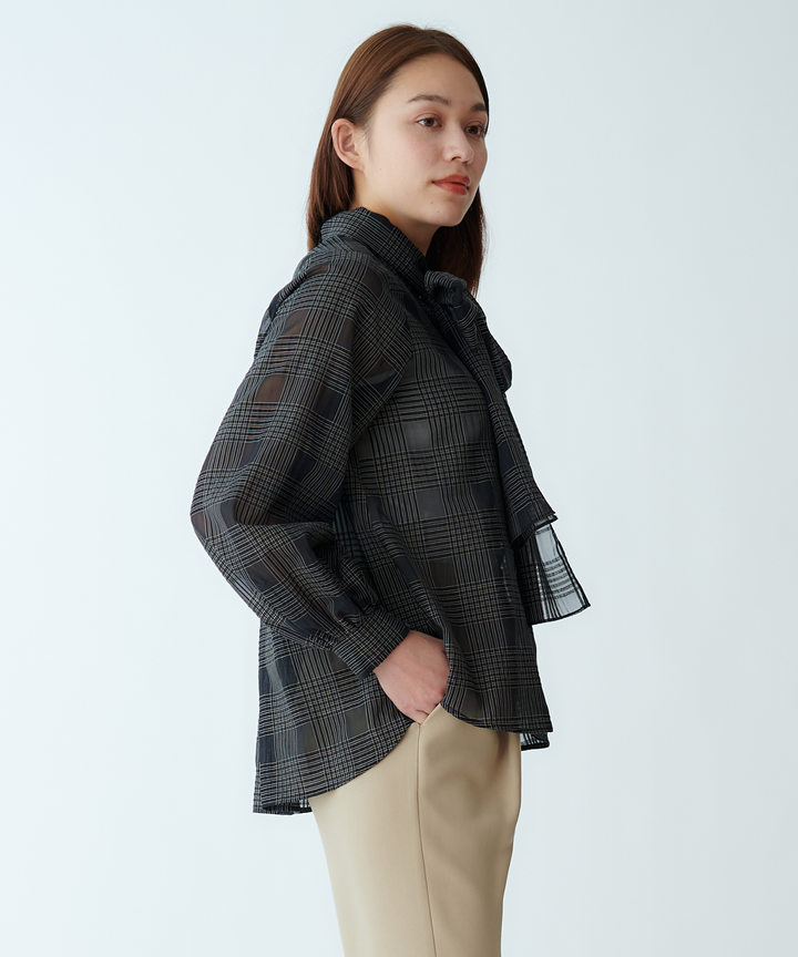 サッカーチェックシアーリボンブラウス