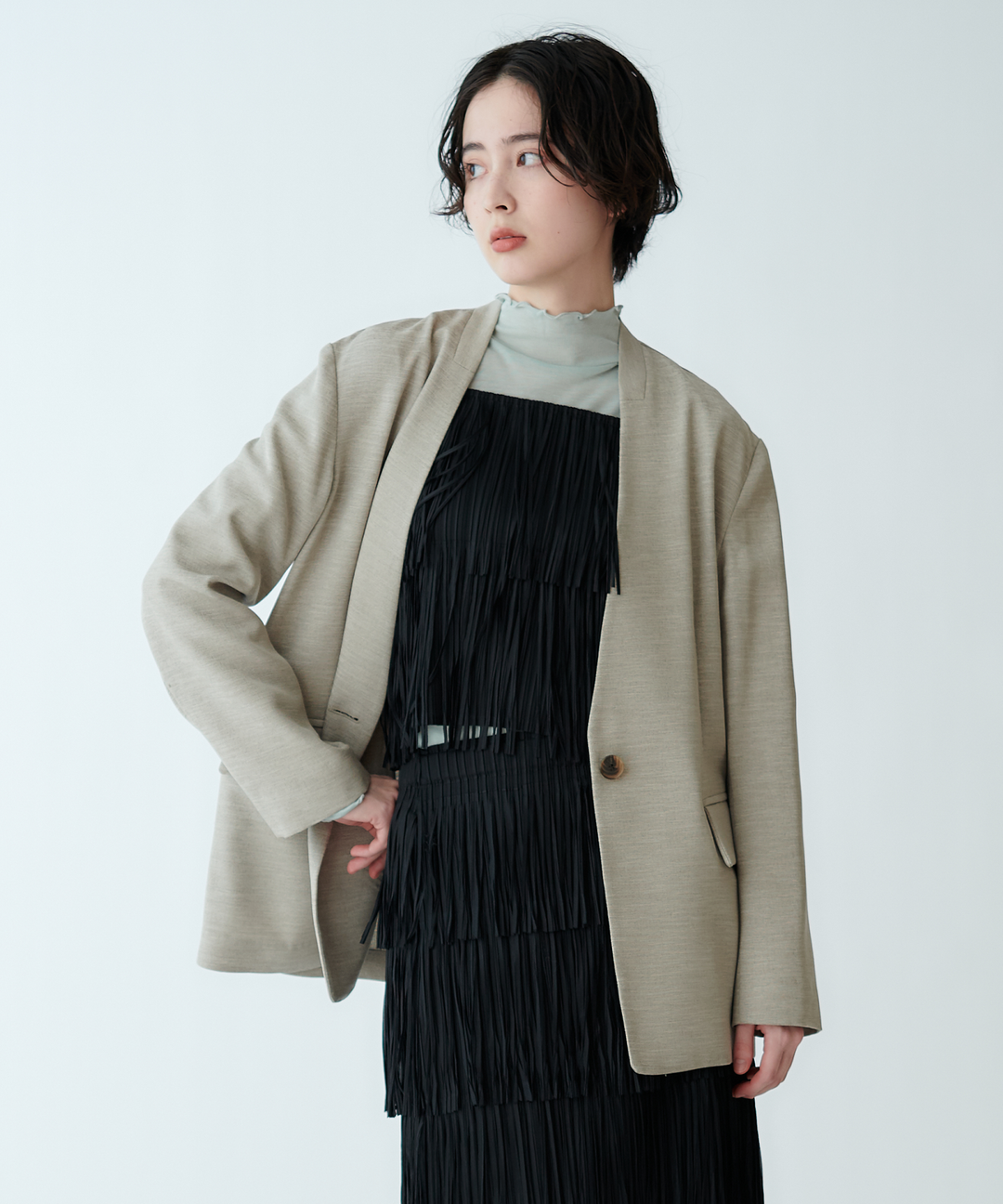 袖ストライプノーカラージャケット