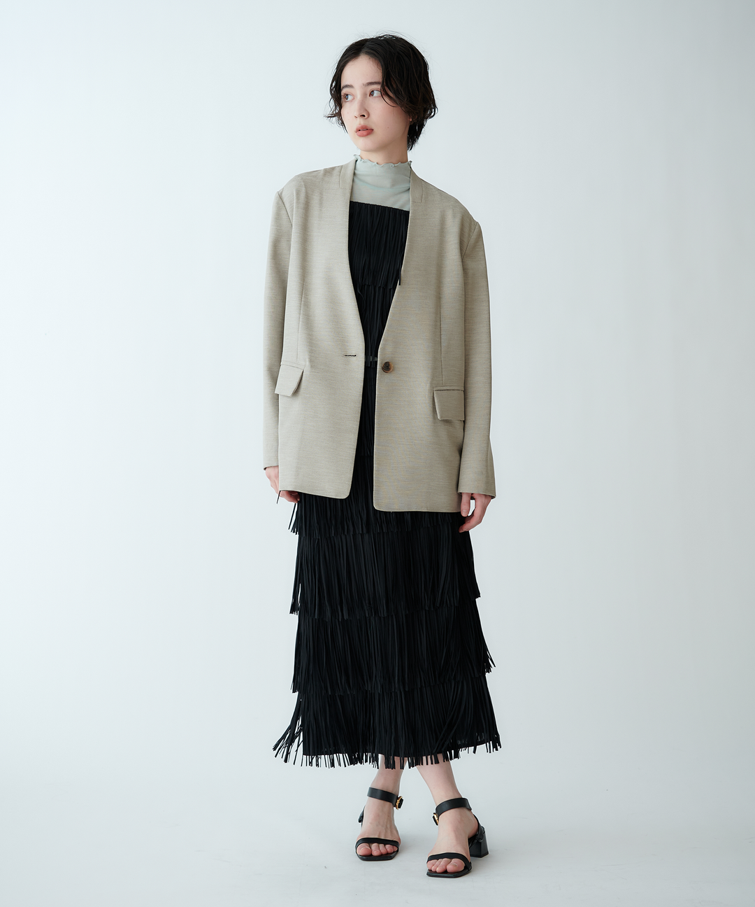 袖ストライプノーカラージャケット