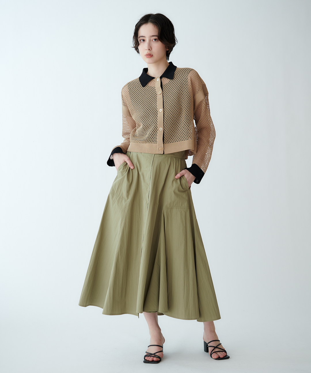 衿つきメッシュニットカーディガン