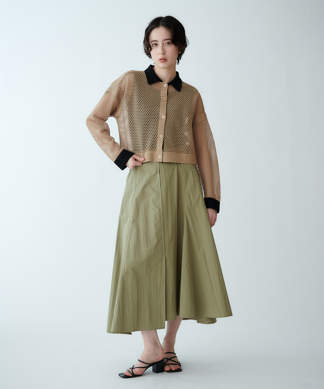 衿つきメッシュニットカーディガン