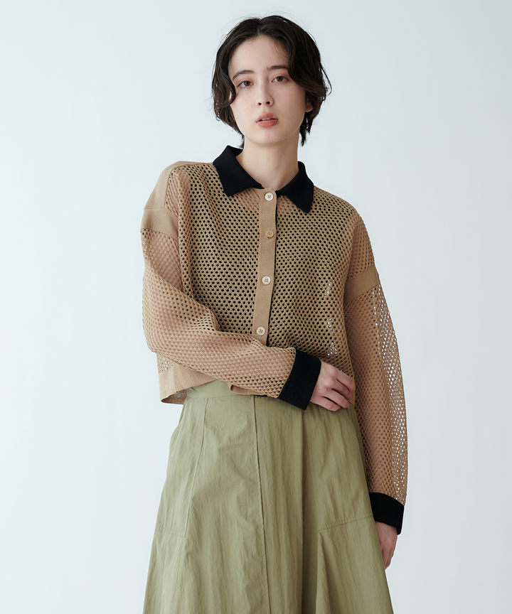 衿つきメッシュニットカーディガン