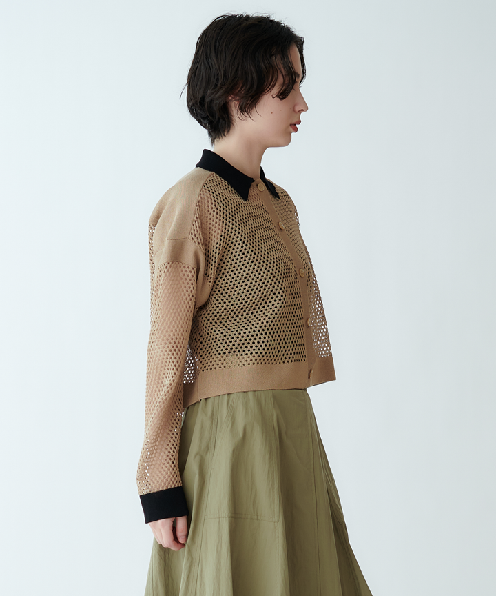 衿つきメッシュニットカーディガン
