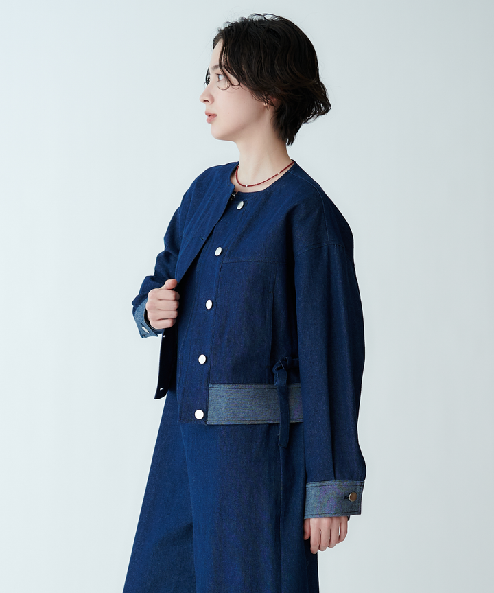 ノーカラーデニムジャケット